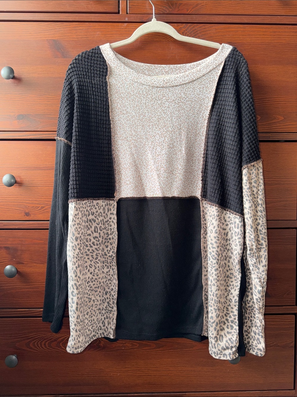 BiBi Mixed Media Oversized Patchwork Leopard Waffle Knit Top XL